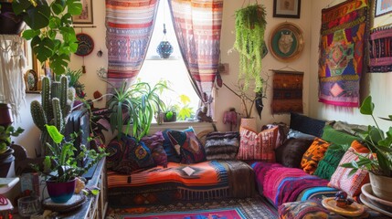 living room is filled with vibrant textiles, eclectic decor, and an abundance of houseplants