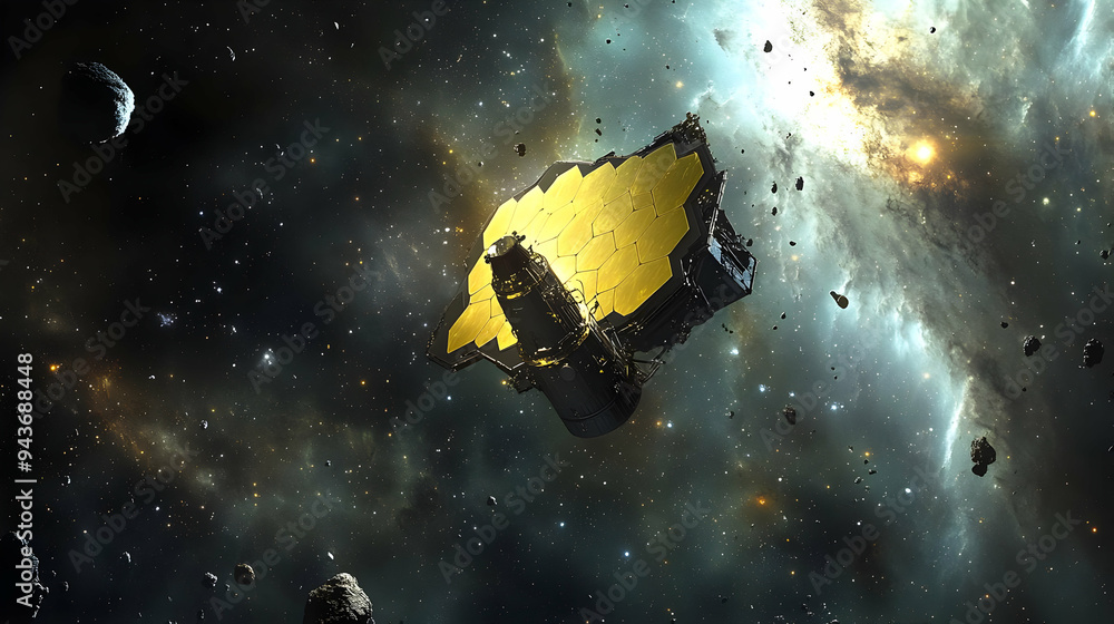Poster a large space telescope orbits a distant galaxy, surrounded by a nebula and asteroids.