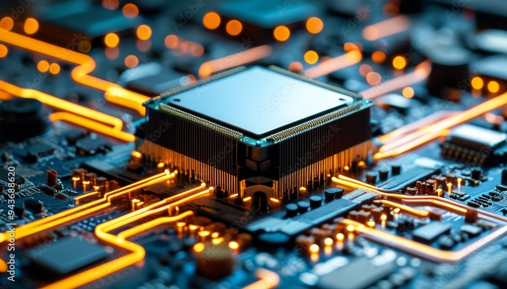 Aufkleber the image captures a detailed close-up of a microprocessor mounted on a circuit board, revealing glo