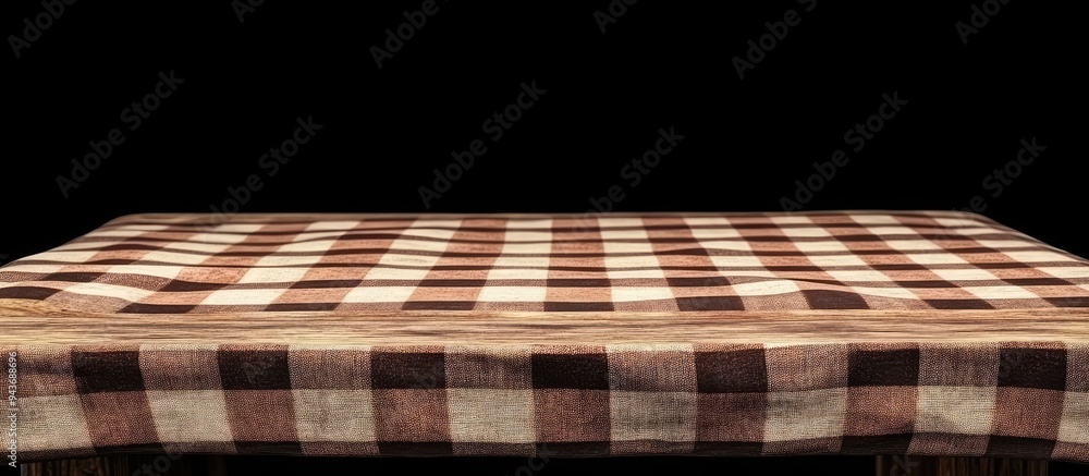 Poster A wooden table with a checkered tablecloth. with copy space image. Place for adding text or design