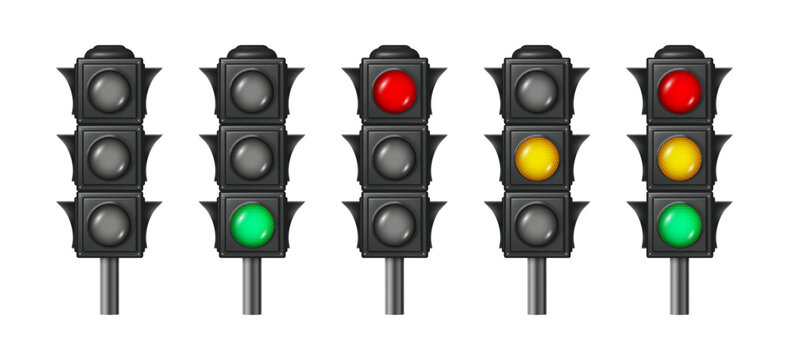 Traffic light for transport movement regulation and control. Vector isolated set of realistic lamps with yellow, red and green colors. Transportation and city or town urban signs for drivers