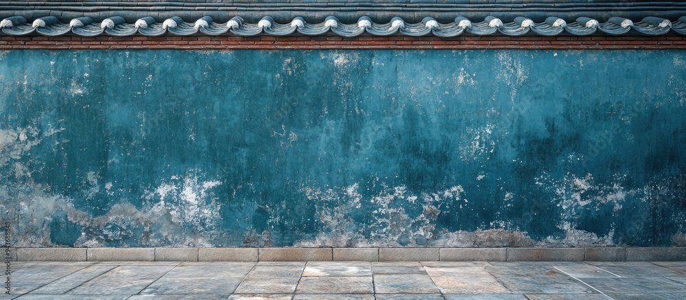 Poster Close up and front view of an old wall featuring blue paint and cracks located in Gye dong Jongno gu Seoul South Korea. with copy space image. Place for adding text or design