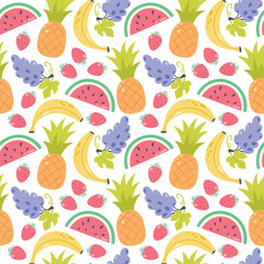 Fruits seamless pattern. Various fruits on white background. Bright summer background. Fresh food vector illustration