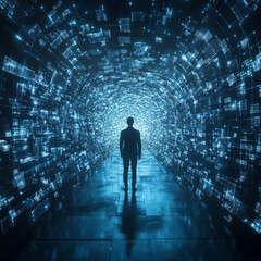 futuristic network of Digital and business transformation connected by squares to a human shown from tunnel view with front-lighting 