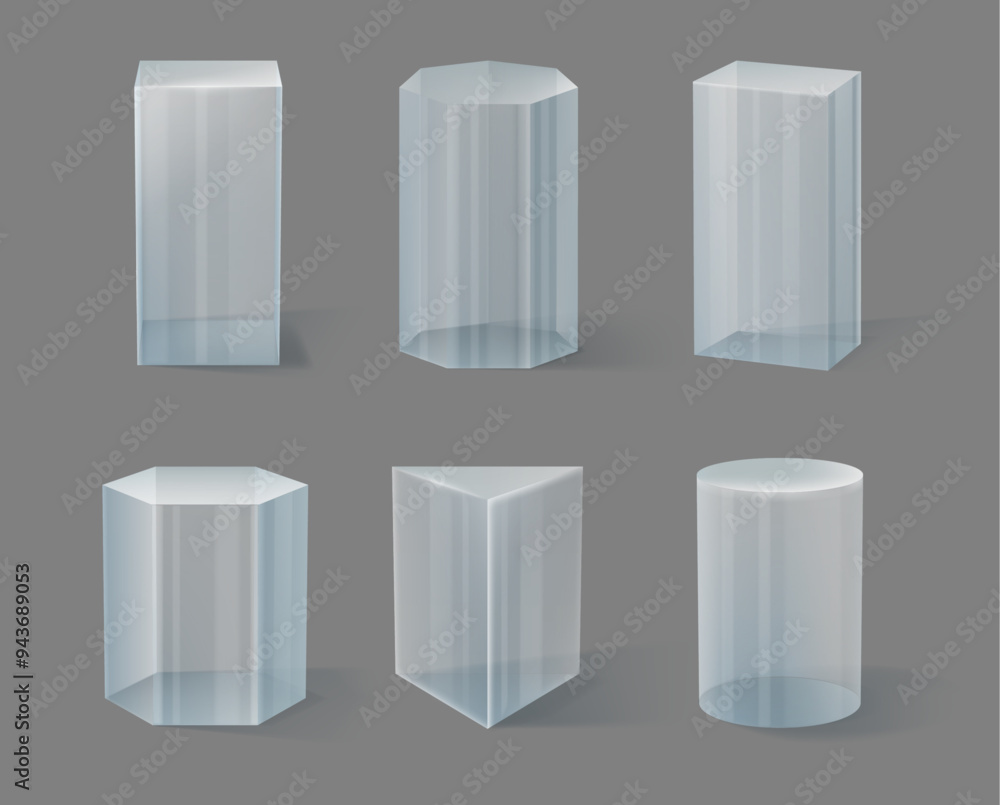 Poster glass transparent clear stand podium for product display or presentation. vector isolated set of box