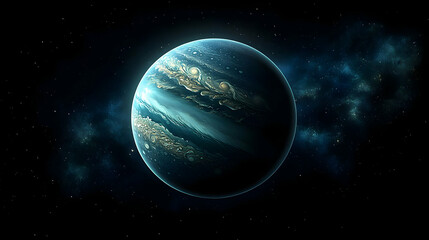 A large, blue, gas giant planet with swirling clouds in a dark, starry space.