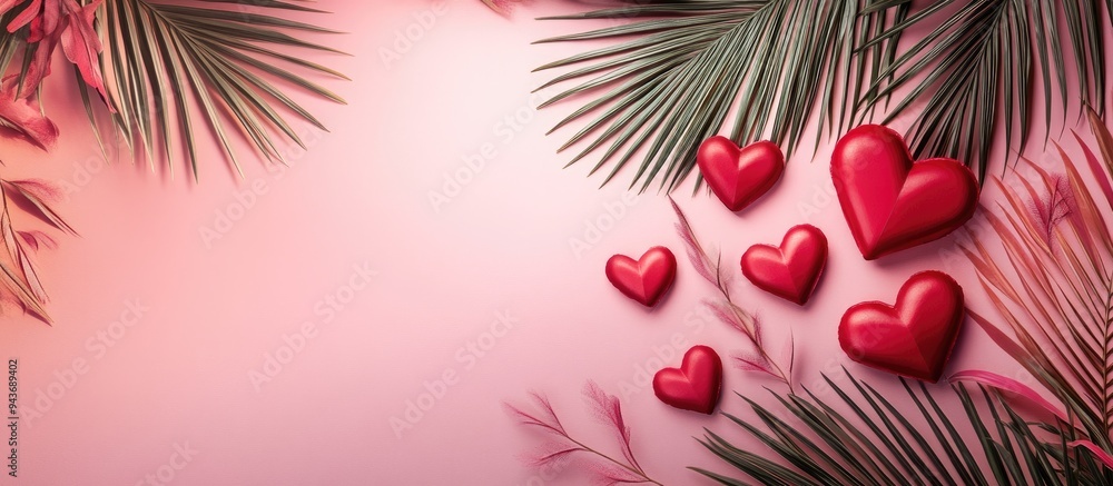 Poster Love lightbox message featuring red hearts and palm leaves on a pink and red backdrop. with copy space image. Place for adding text or design