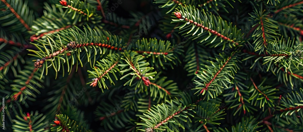 Leinwandbilder Fir branch on a red background Top view Space for text. with copy space image. Place for adding text or design