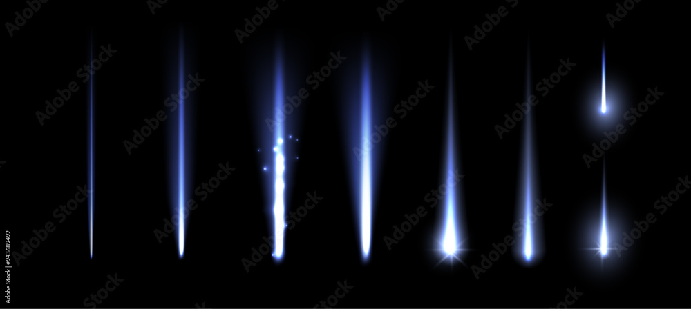 Aufkleber falling celestial body with trail and tails. vector isolated set of realistic star or comet, asteroi