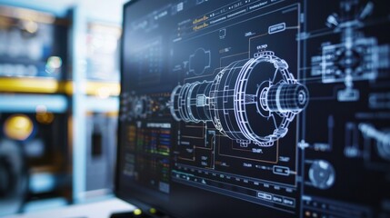 Close-up of a computer screen displaying complex CAD software, used in modern engineering and design processes