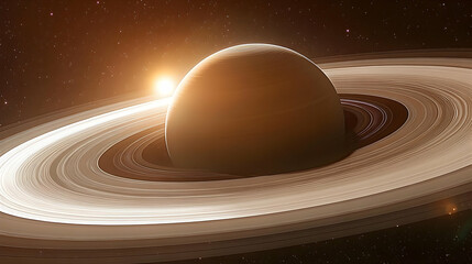 A large, brown planet with a ring system in space with a star shining brightly in the background.