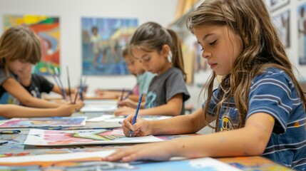 Fototapeta premium A group of children are painting in a classroom