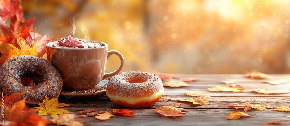 Poster autumn arrangement a cup of cocoa accompanied by donuts and autumn leaves. with copy space image. pl