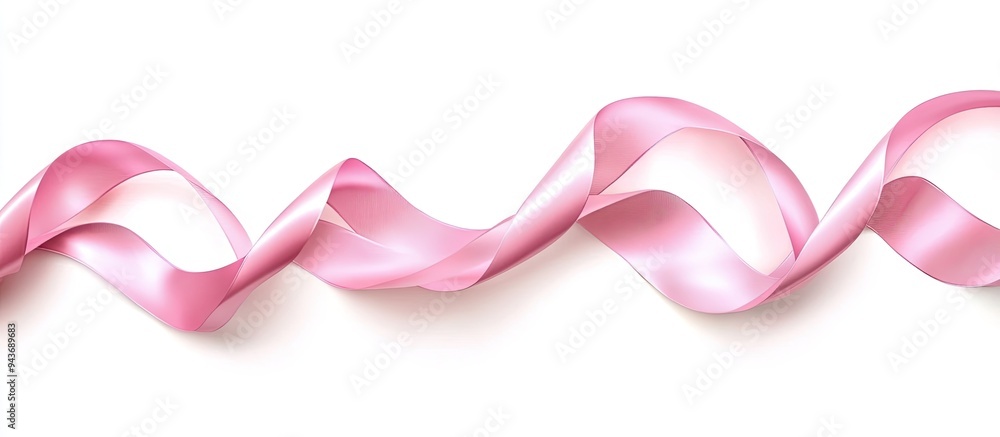 Poster A pink ribbon set against a white background Curly pink ribbon Blank space for design Romantic backdrop image. with copy space image. Place for adding text or design