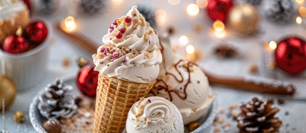 Aufkleber Ice Cream Cone with Festive Decoration Innovative Christmas Idea. with copy space image. Place for adding text or design