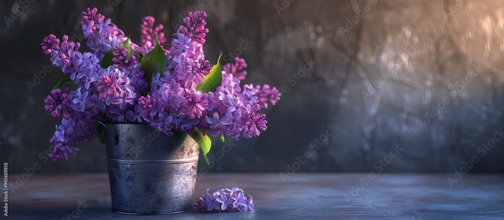 Poster bunch of purple lilac in a metal container. with copy space image. place for adding text or design
