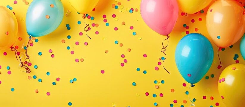 Happy birthday theme Balloon on a yellow backdrop with top view copy space