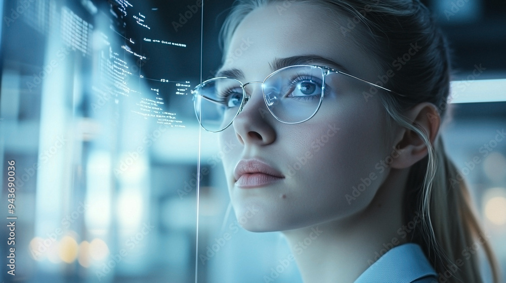 Poster portrait of a focused woman using advanced artificial intelligence technology in a modern office, wi