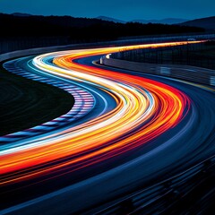 Long exposure shot of cars speeding through a curve, creating a continuous light trail on the race track, Race Track, Speed and light