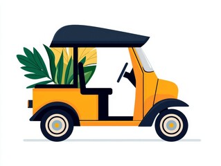 Fototapeta premium Solar-powered tuk-tuk in a vibrant marketplace, energy-efficient transport, flat design illustration