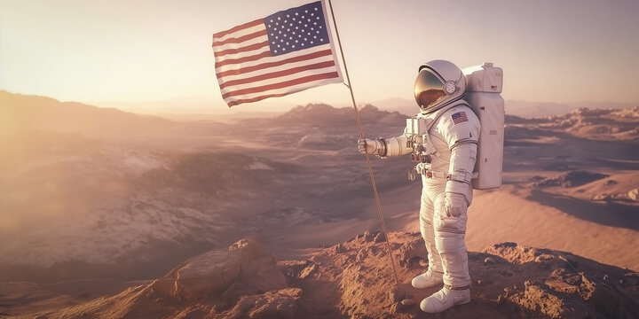 Astronaut in a spacesuit plants the American flag on a rocky, alien landscape, symbolizing exploration and achievement in space.