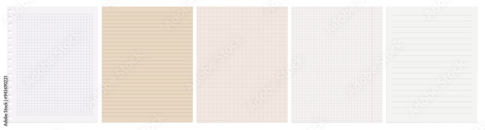 Aufkleber Realistic square, lined paper blank sheets set. Art design lines, abstract concept graphic element torn of white, lined and squared note, notebook paper. Grid page notebook with margin