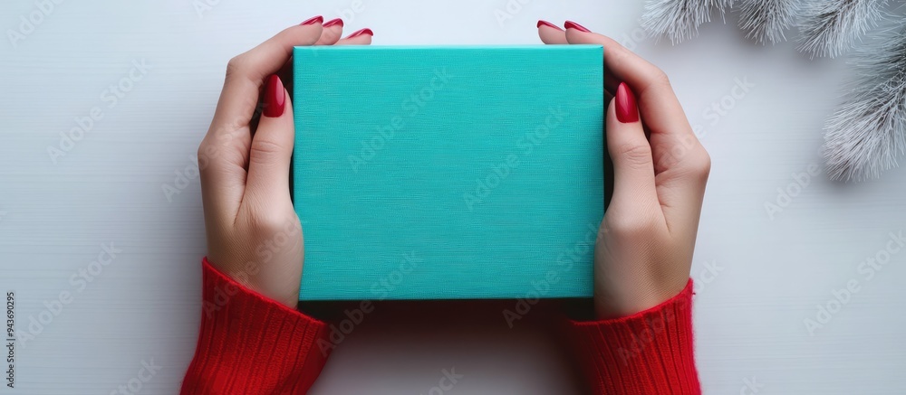 Poster Rectangular turquoise box held in female hands Top view White table in the background. with copy space image. Place for adding text or design