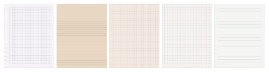 Realistic square, lined paper blank sheets set. Art design lines, abstract concept graphic element torn of white, lined and squared note, notebook paper. Grid page notebook with margin