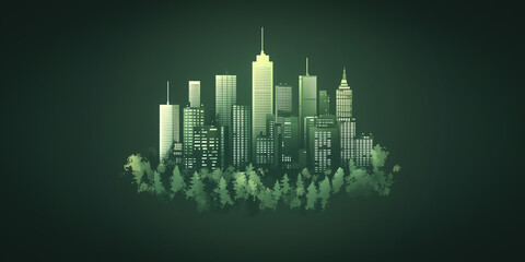 Fototapeta premium Digital illustration of a green city concept, showcasing tall skyscrapers surrounded by trees and nature, representing the ideal blend of urban and environmental coexistence.