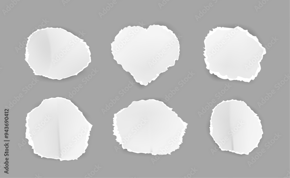 Poster Ripped white paper sheets, isolated set of torn blank pages with uneven texture edges. Vector damaged letter, document mockup, newspaper cutout. Shape of heart and circles. Vintage fragments