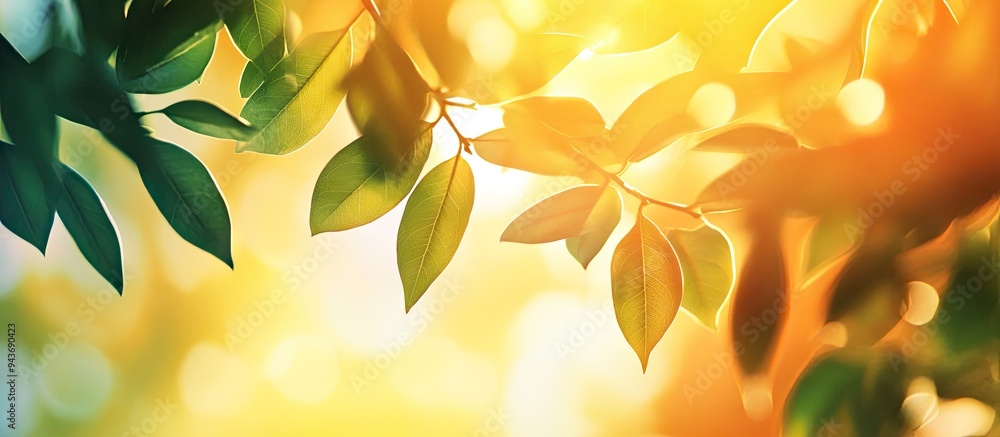 Poster background featuring abstract blurred foliage and vibrant summer sunlight for your text or advertise