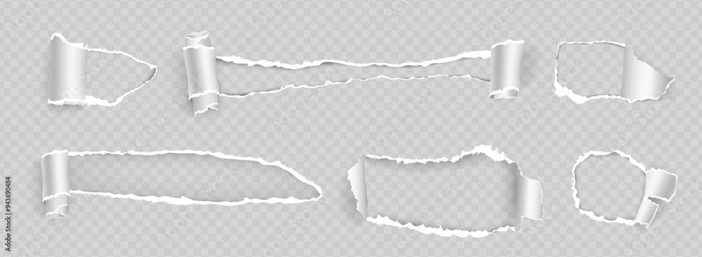 Fototapete Collection of torn paper. Vector set of holes in cellulose fibers with ragged sides with space for text. Realistic product of wood with ripped edges. Damage leaf of book with cut surface