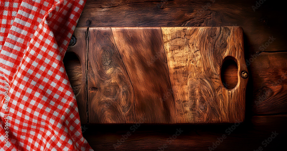 Poster close-up and top view of old wooden cutting board with a red and white checkered tablecloth on a woo