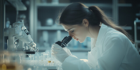 A female scientist working in a medicine development laboratory, utilizing advanced technology to push the boundaries of pharmaceutical research.