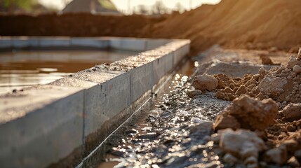 Close-up of a flood control levee being reinforced with concrete, representing civil engineering for safety