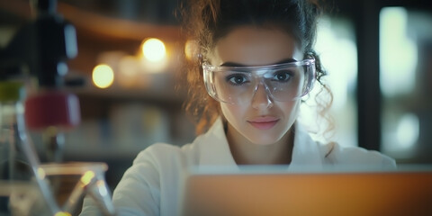 Focused female scientist working on a laptop in a modern laboratory, wearing protective glasses, exemplifying dedication and precision in scientific research.