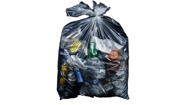 Plastic bag containing mixed plastic waste, highlighted by a black backdrop, symbolizing the global issue of plastic pollution and the need for better waste management solutions.