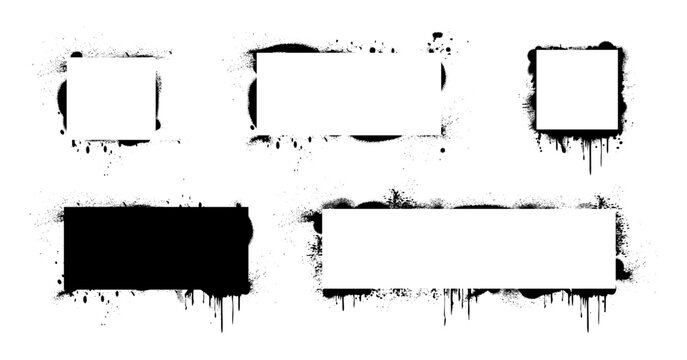 Grunge design paint frames, graffiti stencil banners of street art style. Vector isolated monochrome rectangular and square borders. Airbrushing stencil texture with brush splashes and drips of spray