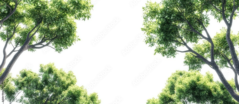 Fototapete group of treetops and tree branches isolated on white featuring trees and green leaves. with copy sp