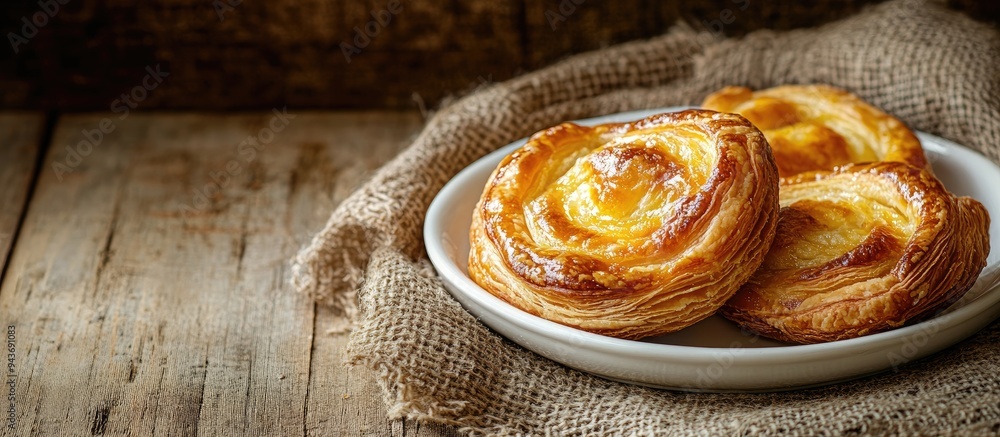 Aufkleber pineapple danish pastry on a white dish set against a brown sack background. with copy space image. 