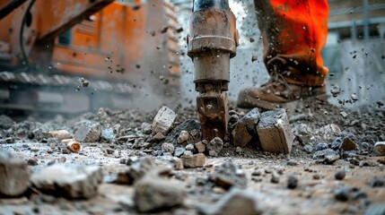 Close-up of a jackhammer breaking up concrete, with debris scattered around the tool