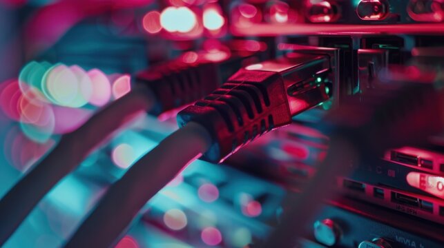 Close-up of a network switch with connected Ethernet cables, symbolizing data communication in tech infrastructure