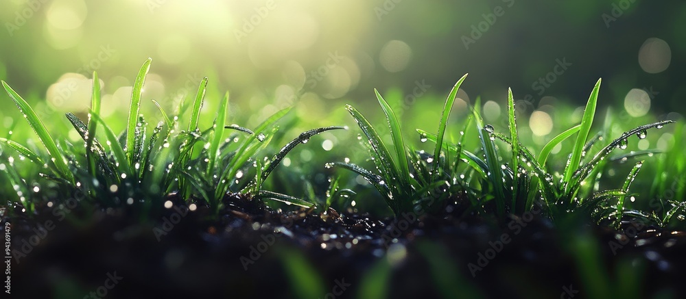 Leinwandbilder Dew drops on newly sprouted spring grass in the morning with space for text High quality image. with copy space image. Place for adding text or design