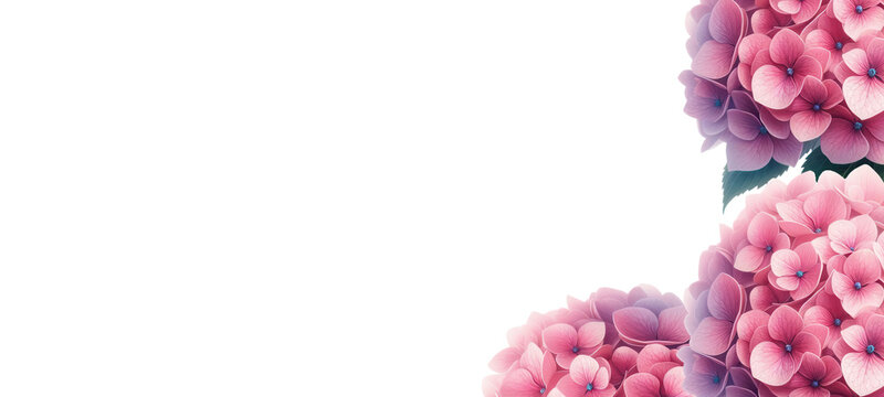 Pink hydrangea border on a white background with copy space for adding text - Aesthetic blank floral banner - Wedding card with hydrangea flower border - Printable card template