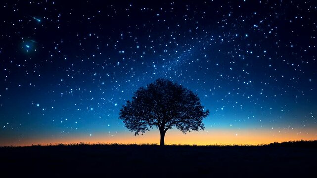 Majestic lone tree silhouetted against a starry night sky at dawn. Nature animation background.