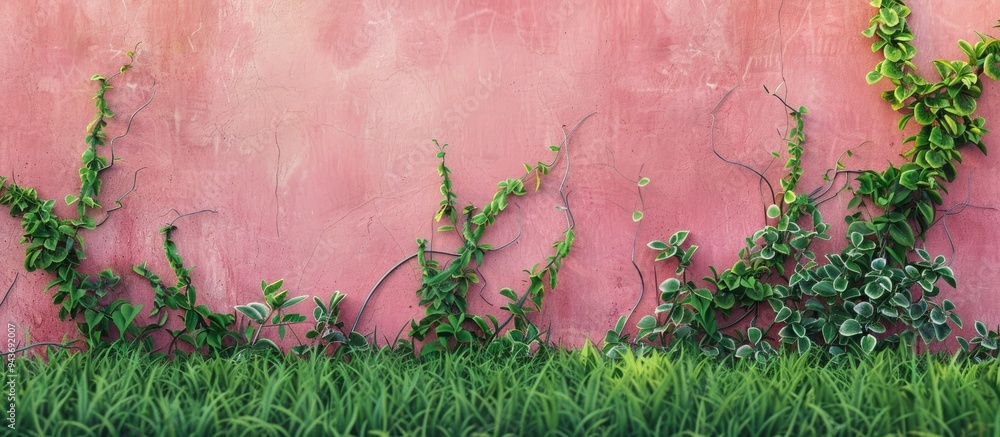 Poster green grass and vines on a pink wall nature backdrop can be used as wallpaper or copyspace for addin