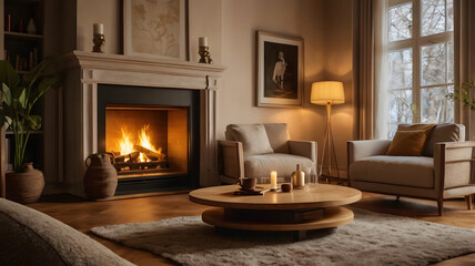 Fototapeta premium living room with fireplace, ai generated