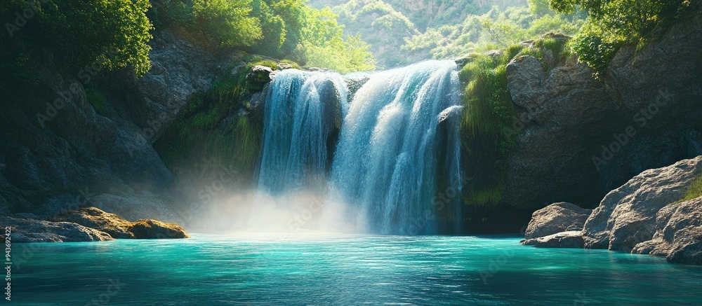 Poster stunning waterfall turquoise water cascades down from the mountain into the river. with copy space i