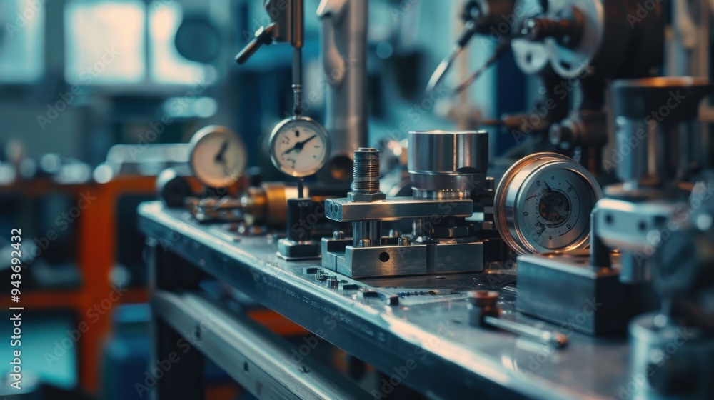 Poster close-up of precision instruments on an engineering workbench, showcasing the tools of mechanical de