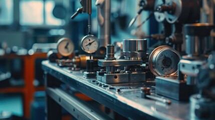Fototapeta premium Close-up of precision instruments on an engineering workbench, showcasing the tools of mechanical design and innovation